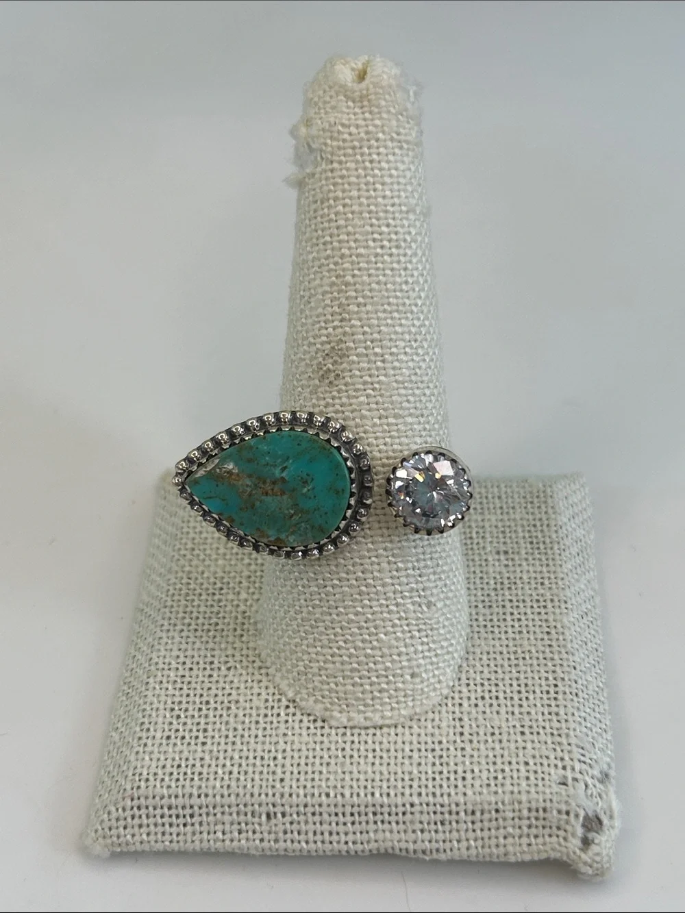 Handmade Sterling Silver Open Teardrop Turquoise & Solitaire Ring - Size 10